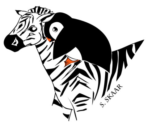 "Penguin Riding a Zebra." Suzanne Skaar. Digital Illustration. 2015.