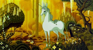 Promotional photo for Peter S. Beagle's "The Last Unicorn." Animation by Studio Topcraft, which later morphed into Studio Ghibli. How cool is that?!