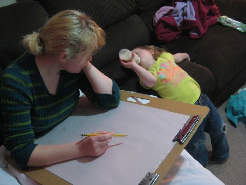 Suzanne working and Isobel helping: January 2014. Photo by Tim Kapler.