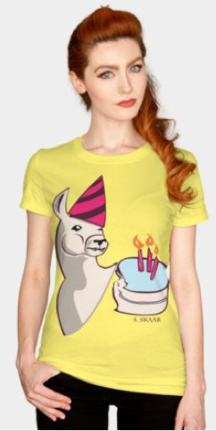 "Birthday Llama." Suzanne Skaar.  Women's T-shirt. Available in multiple formats at Design by Hümans.