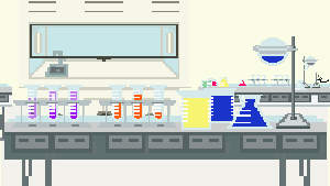 Animated loop of 2D pixel art dinosaur skipping through laboratory wearing a lab coat and goggles.