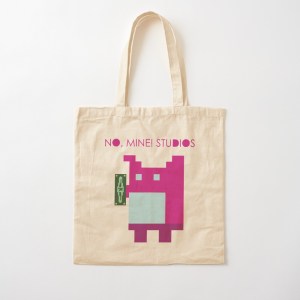 Cotton tote bag with illustration of pink character holding a green paper money bill. No, Mine! Studios logo above head of character.