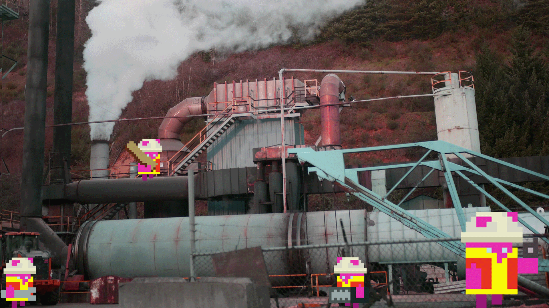 GIF: Pixel art characters from game running around an industrial plant wearing construction outfits and carrying tools. Yeetcosystem, 2025-2026. Based on character by Suzanne Skaar, 2021. All rights reserved.